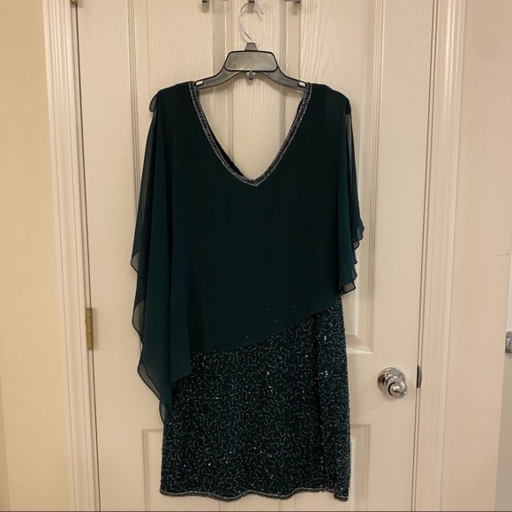 J Kara Asymmetrical-Overlay Embellished Dress in Hunter Green - Picture 5 of 11